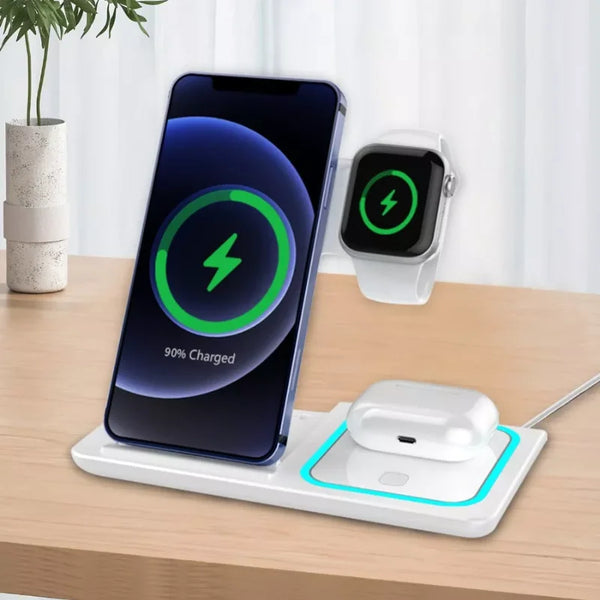 Base Carregadora Sem Fio 3 em 1 – Carregue iPhone, Apple Watch e AirPods Simultaneamente